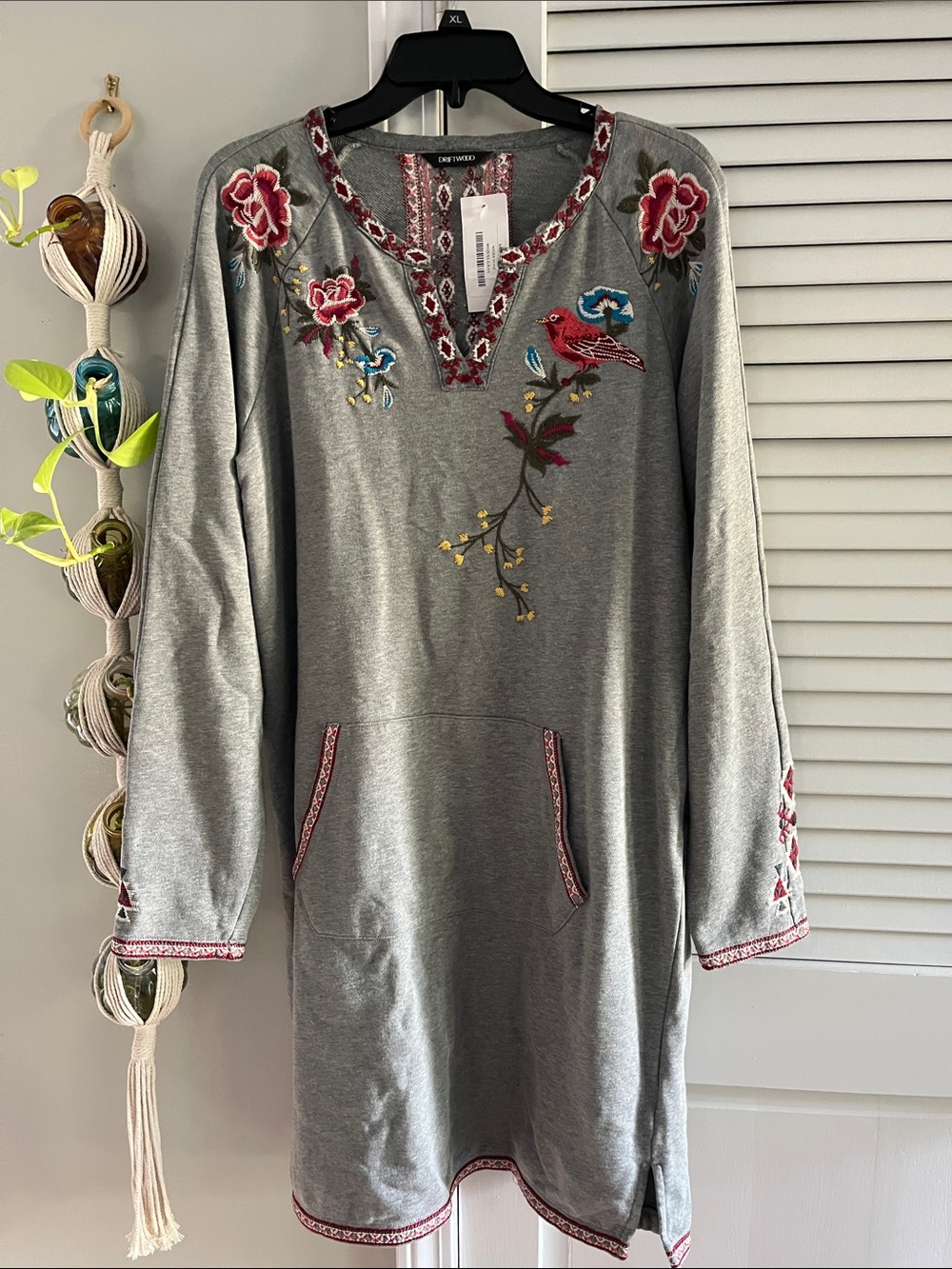 DRIFTWOOD Grey Tunic Dress with Pink Floral Embroidery and Red Bird
